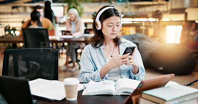 Buy stock photo University, cellphone and woman in library, headphones or social media with sound, audio or song. Streaming music, student or person with headset, smartphone or internet with app for radio or podcast