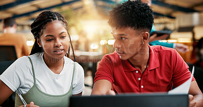 Buy stock photo Students, laptop and team learning in university with question, help and education. Computer, people and friends in college together for creative research project, study or exam discussion with paper