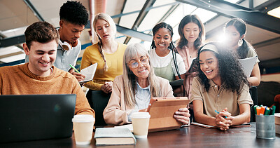 Buy stock photo Education, students and lecturer with tablet, smile and info for assignment in classroom and group. Happy, teacher and mature woman with advice for project, people or planning with tech in university