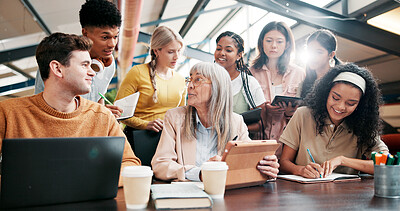 Buy stock photo Education, students and lecturer with tablet, talking and info for assignment in classroom and group. Happy, teacher and mature woman with advice for project, people and notes with tech in university
