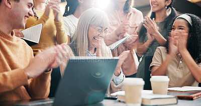 Buy stock photo Happy people, group or celebration with applause on laptop for winning, promotion or good news at office. Excited, creative team or designers clapping with technology for project success at workplace