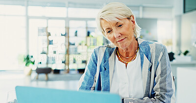 Buy stock photo Business, mature woman and laptop in office for accounting, finance research and reading report. Smile, female person and online with financial management, audit payroll and review budget for company