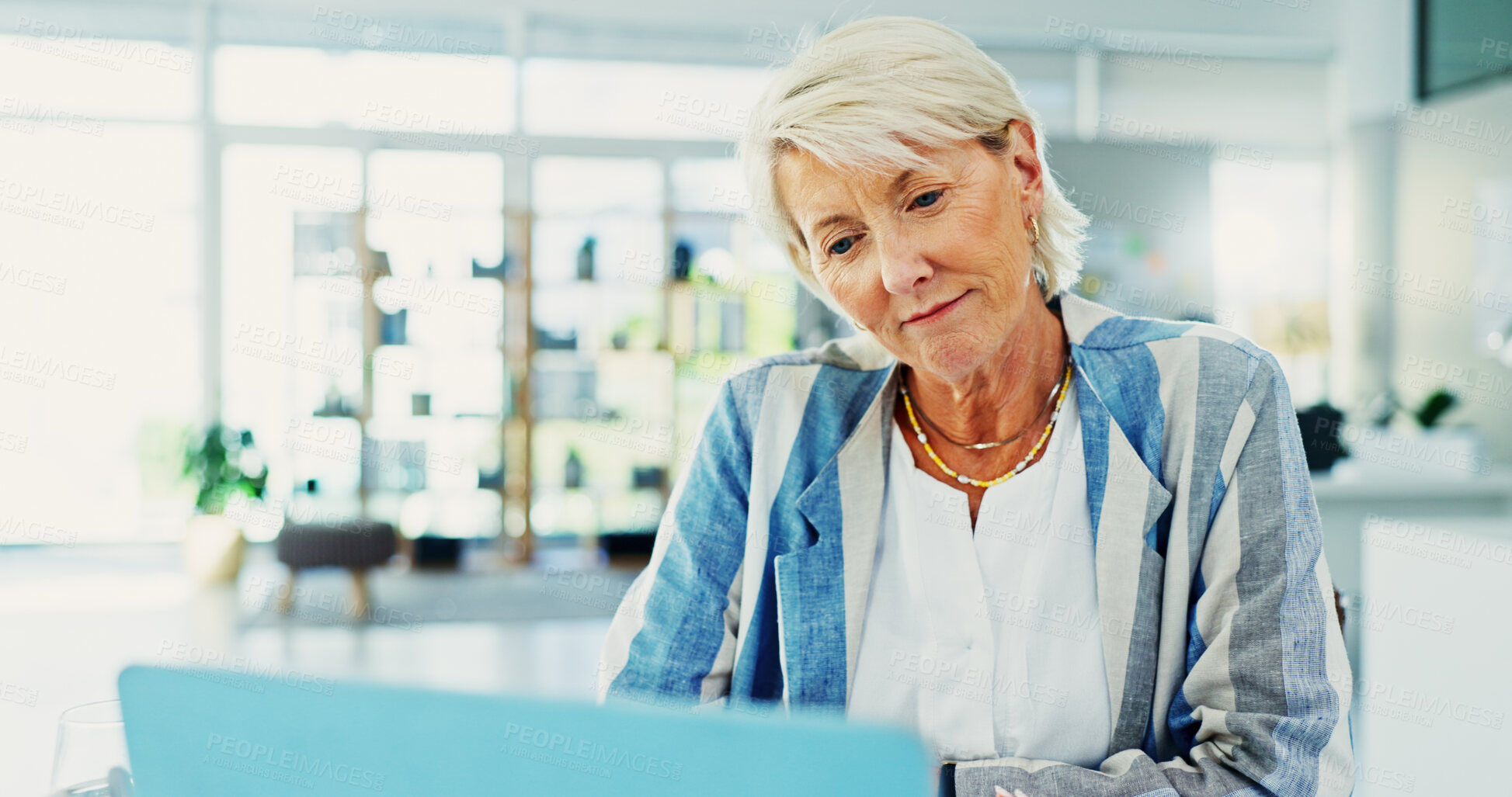 Buy stock photo Business, mature woman and laptop in office for accounting, finance research and reading report. Smile, female person and online with financial management, audit payroll and review budget for company