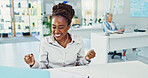 Fist pump, laptop and success with designer woman at desk in workplace for goals or target. Bonus, celebration and winner with happy employee in creative workplace for achievement, deal or milestone