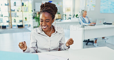 Buy stock photo Fist pump, laptop and success with woman in office for goals, target and achievement. Bonus, celebration and excited with happy designer in creative workplace for project approval, deal or milestone