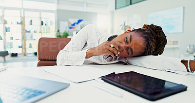 Buy stock photo Employee, yawn and business woman with burnout, tired and fatigue for working on laptop in office. Sleeping, girl and creative person with workaholic, exhausted and pressure from workload with nap