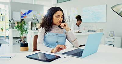 Buy stock photo Business woman, laptop and thinking in office for schedule, agenda and administration at desk. Journalist employee, person and ideas with technology for research, planning and creative proposal