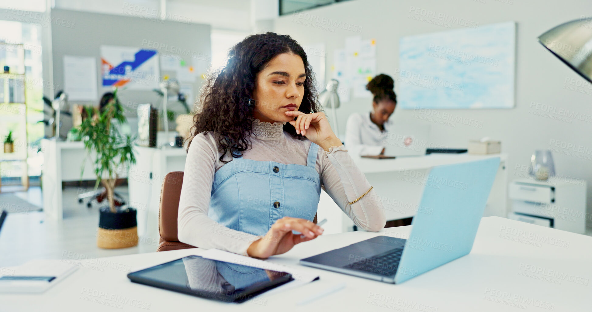 Buy stock photo Business woman, laptop and thinking in office for schedule, agenda and administration at desk. Journalist employee, person and ideas with technology for research, planning and creative proposal
