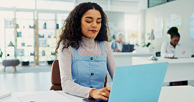 Buy stock photo Business woman, laptop and typing in office for schedule, agenda and administration at desk. Journalist employee, person and thinking with technology for research, planning and creative proposal