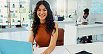 Portrait, business and woman with laptop in office for accounting, finance consultant and bookkeeping. Smile, female person and financial management with confidence, company payroll and career growth