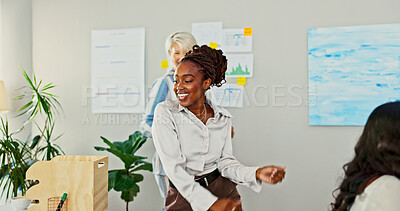 Buy stock photo Business woman, celebration and dancing in office for success, promotion or profit with goals in finance job. Employee, dancer and winner with investing, growth or happy for achievement in workplace