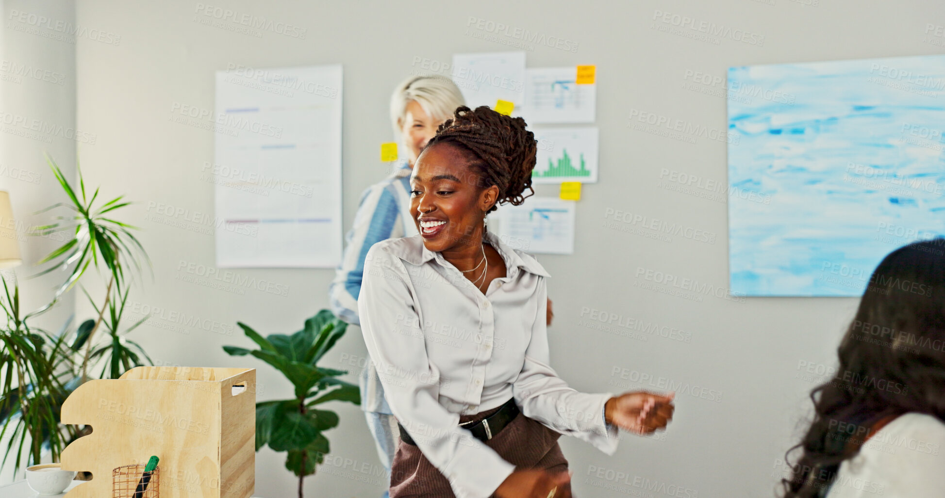 Buy stock photo Business woman, celebration and dancing in office for success, promotion or profit with goals in finance job. Employee, dancer and winner with investing, growth or happy for achievement in workplace