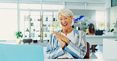 Buy stock photo Laptop, smile and success with designer woman at desk in office for goals or target. Applause, celebration and winner with mature employee in creative workplace for achievement, deal or milestone