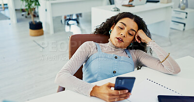 Buy stock photo Bored woman, fatigue or phone on office with burnout for stress, insomnia or poor time management. Tired, female person or lazy employee on mobile smartphone in procrastination or sluggish work ethic
