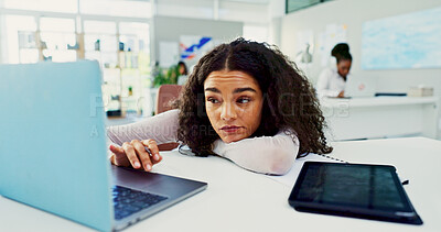 Buy stock photo Business woman, laptop and tired with bored, frustrated and fatigue for project research in office. Burnout, girl and creative person with workaholic, exhausted and pressure from workload online