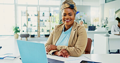 Buy stock photo Portrait, business and black woman with laptop in office for accounting, finance consultant and bookkeeping. Smile, person and financial management with confidence, company payroll and career growth