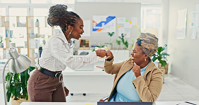 Buy stock photo Business women, fist pump and teamwork with success for winning, celebration or good job at office. Female people, employees or unity with smile for promotion, well done or motivation at workplace