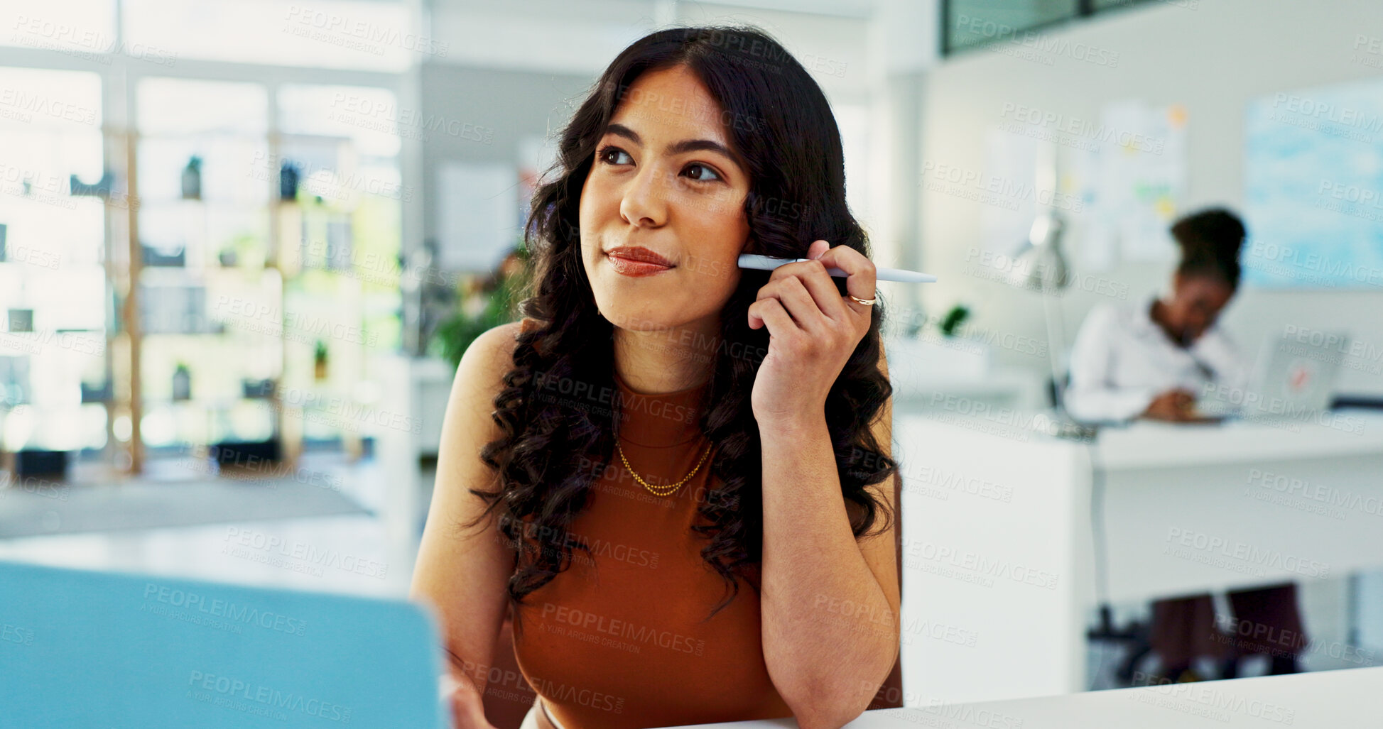 Buy stock photo Thinking, laptop and businesswoman in office with planning for creative project with web development. Ideas, brainstorming and female UX designer with computer for decision on interface technology.