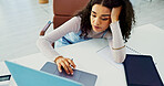 Business woman, bored and fatigue with laptop for burnout or insomnia at office desk. Tired, female person or lazy employee with computer or tasks for procrastination or sluggish day at workplace