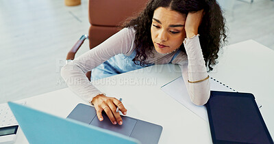 Buy stock photo Business woman, bored and fatigue with laptop for burnout or insomnia at office desk. Tired, female person or lazy employee with computer or tasks for procrastination or sluggish day at workplace
