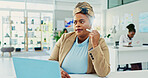 Thinking, laptop and businesswoman in office with ideas for creative project with web development. Brainstorming, planning and female UX designer with computer for decision on interface technology.