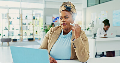 Buy stock photo Thinking, laptop and businesswoman in office with ideas for creative project with web development. Brainstorming, planning and female UX designer with computer for decision on interface technology.