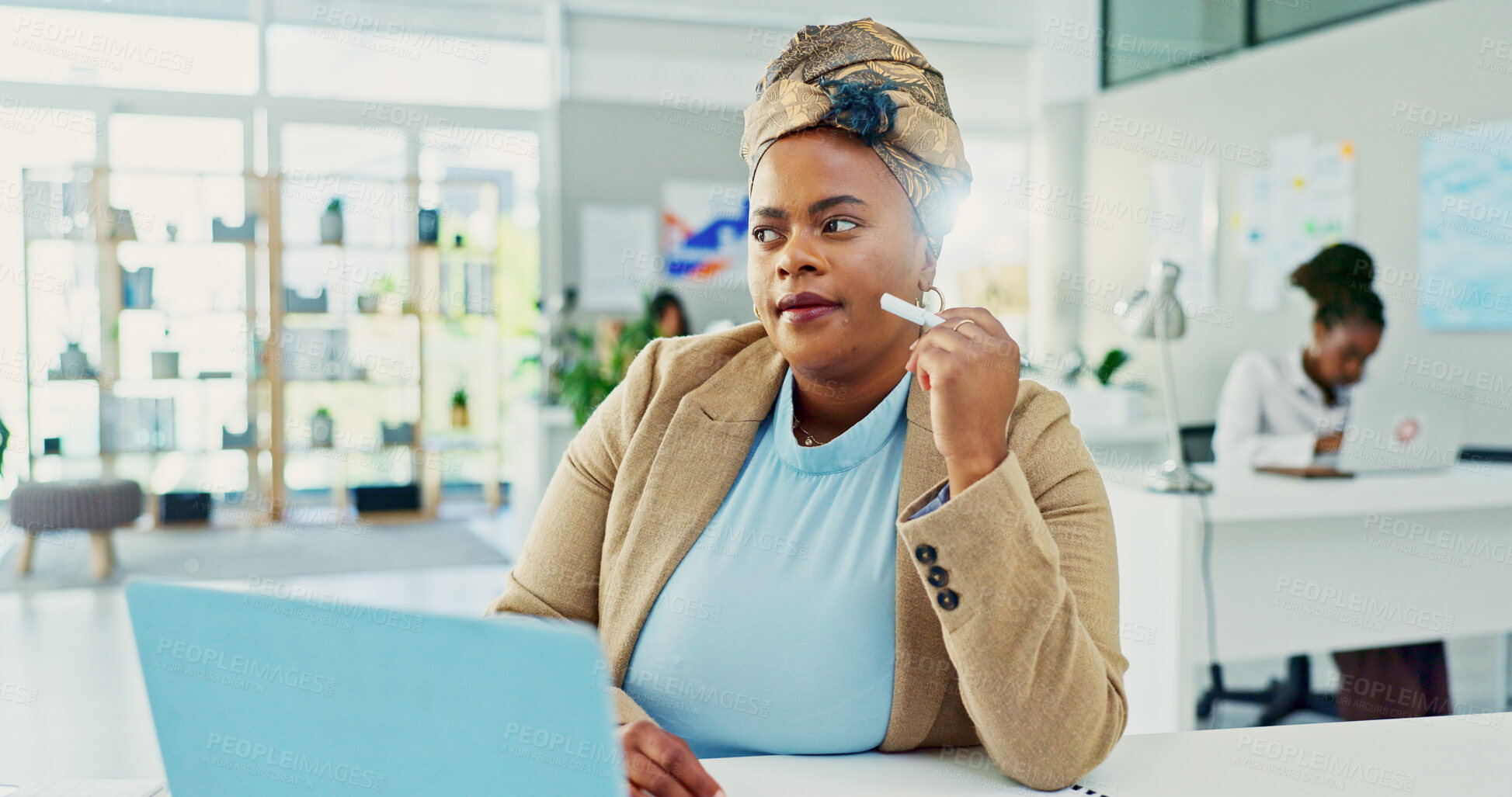 Buy stock photo Thinking, laptop and businesswoman in office with ideas for creative project with web development. Brainstorming, planning and female UX designer with computer for decision on interface technology.