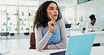Thinking, laptop and businesswoman in office with ideas for stock market feedback online. Computer, brainstorming and female financial manager with email for investment planning in workplace.