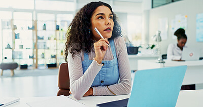 Buy stock photo Thinking, laptop and businesswoman in office with ideas for stock market feedback online. Computer, brainstorming and female financial manager with email for investment planning in workplace.