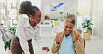 Happy, good news and business women in office with job promotion, celebration and achievement. Collaboration, fist pump and African female people with positive feedback, bonus or winning in workplace