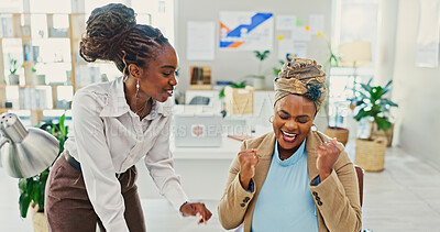 Buy stock photo Happy, good news and business women in office with job promotion, celebration and achievement. Collaboration, fist pump and African female people with positive feedback, bonus or winning in workplace