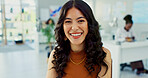 Smile, business and woman for portrait in office with about us, creative career and pride as journalist. Happy, female person and laughing for funny joke, media reporter and ambition for publication