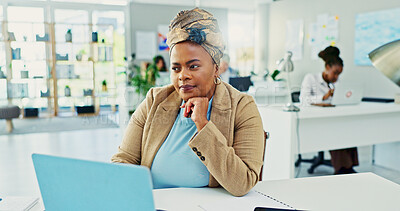 Buy stock photo Thinking, business and black woman with laptop in office for accounting, finance idea and budget planning. Female person, thoughts and decision for financial management, payroll choice and reflection