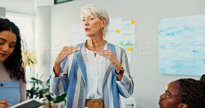 Buy stock photo Mentor, planning and business woman in meeting as campaign manager, branding strategy and team. Social media growth, project analytics and brainstorming with people in office for creative startup