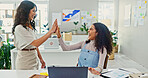 Business women, high five or teamwork with success for winning, celebration or good job at office. Happy, female people or employees with smile for promotion, motivation or well done at workplace