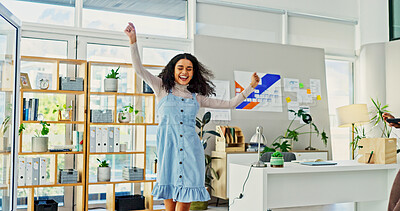 Buy stock photo Happy, business woman or dancing with energy for celebration, good news or joyful day at office. Excited, female person or dancer with smile or energetic mood in satisfaction for success at workplace