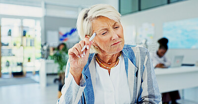 Buy stock photo Thinking, confused and mature businesswoman in office with doubt for stock market feedback. Brainstorming, ideas and finance manager with question for investment, planning or project in workplace.