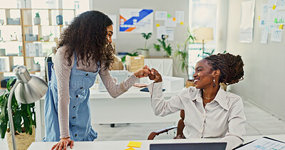 Buy stock photo Happy women, fist bump or teamwork with success for winning, celebration or good job at office. Female people, business employees or touch with smile for promotion or motivation together at workplace