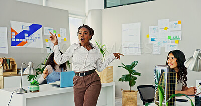 Buy stock photo Business woman, celebration and dancer in office for success, promotion or profit with goals in finance job. Employee, dancing and winner with investing, growth or happy for achievement in workplace