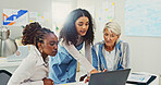 Laptop, planning and business woman in meeting for campaign manager, branding strategy and team. Social media growth, project analytics and brainstorming with people in office for creative startup