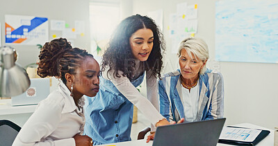 Buy stock photo Laptop, planning and business woman in meeting for campaign manager, branding strategy and team. Social media growth, project analytics and brainstorming with people in office for creative startup