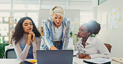 Buy stock photo Mentor, laptop and business woman in meeting for campaign manager, branding strategy and team. Social media growth, online engagement and brainstorming with people in office for creative startup