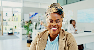 Buy stock photo Administrator, office or black woman with smile in portrait for administration, opportunity or career. Happy professional assistant, face or confidence in workplace with satisfaction and about us