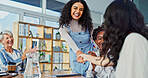 Business, women and handshake for meeting in office of introduction, congratulations and proposal winner. People, shaking hands and staff applause of celebration, onboarding deal and career promotion