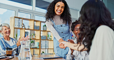 Buy stock photo Business, women and handshake for meeting in office of introduction, congratulations and proposal winner. People, shaking hands and staff applause of celebration, onboarding deal and career promotion