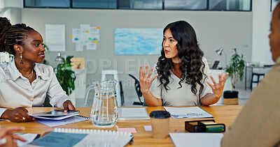 Buy stock photo Boardroom, meeting and teamwork with business woman in office for discussion or planning. Collaboration, creative and project management with designer group in workplace for feedback or strategy