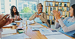 Woman, team and applause with smile at startup with success, proposal approval or promotion in office. Business people, happy and praise with achievement, financial goal or profit at creative agency