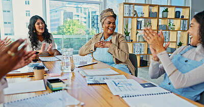 Buy stock photo Woman, team and applause with smile at startup with success, proposal approval or promotion in office. Business people, happy and praise with achievement, financial goal or support at creative agency