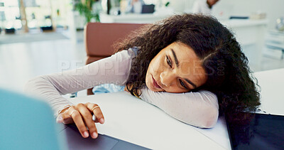 Buy stock photo Business woman, laptop and fatigue with bored, frustrated and tired for project research in office. Burnout, girl and creative person with workaholic, exhausted and pressure from workload online