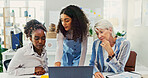 Business, women and meeting with laptop in office for planning, helping and feedback of proposal. People, brainstorming and online for research ideas, schedule update and advice of project management